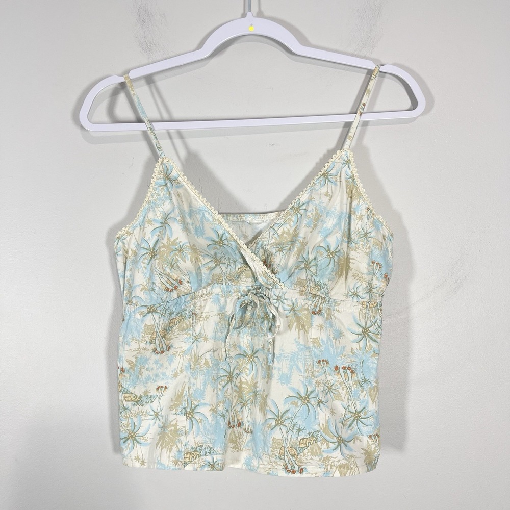 Y2K Cotton Baby Doll Cropped Cami Blue Tropical Palm Beach Surfer Tank Top Small